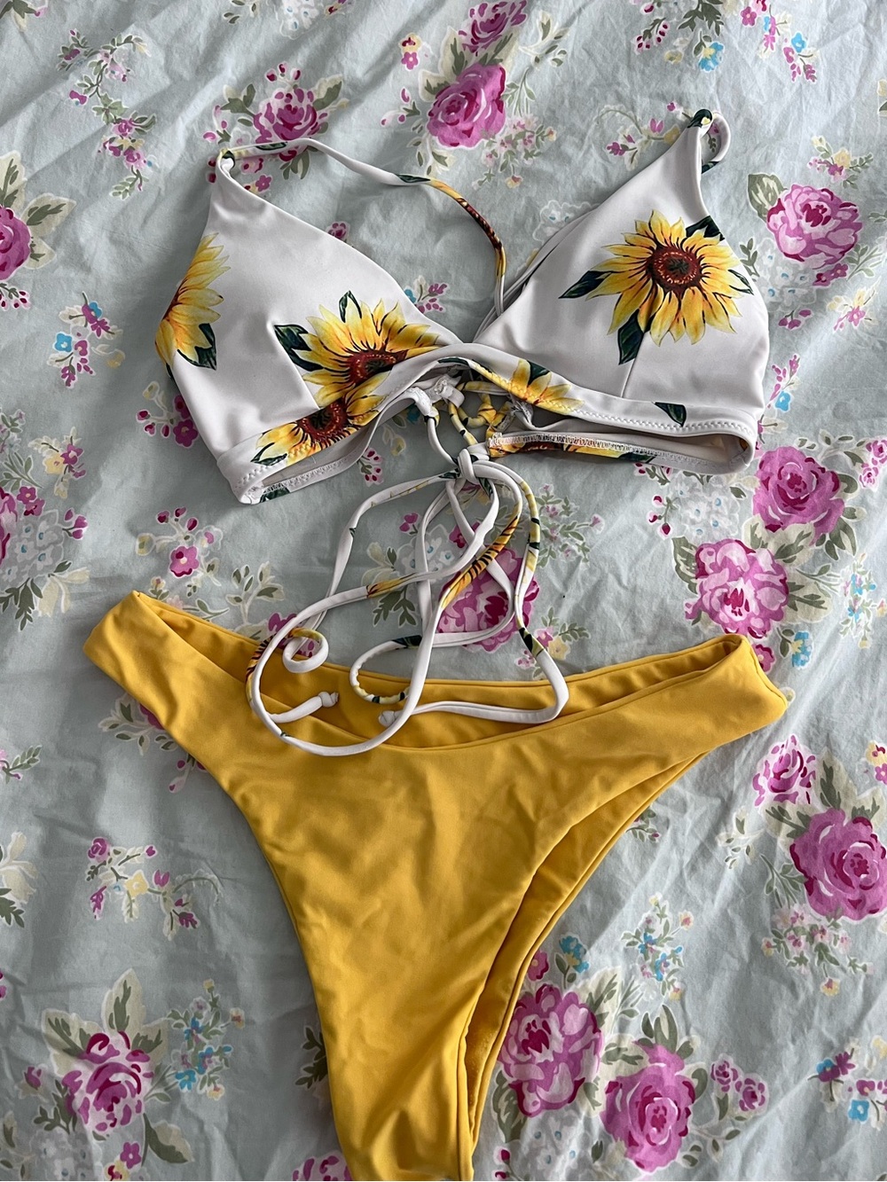 Sunflower Print Lace-Up Bikini Top with Mustard Bottoms